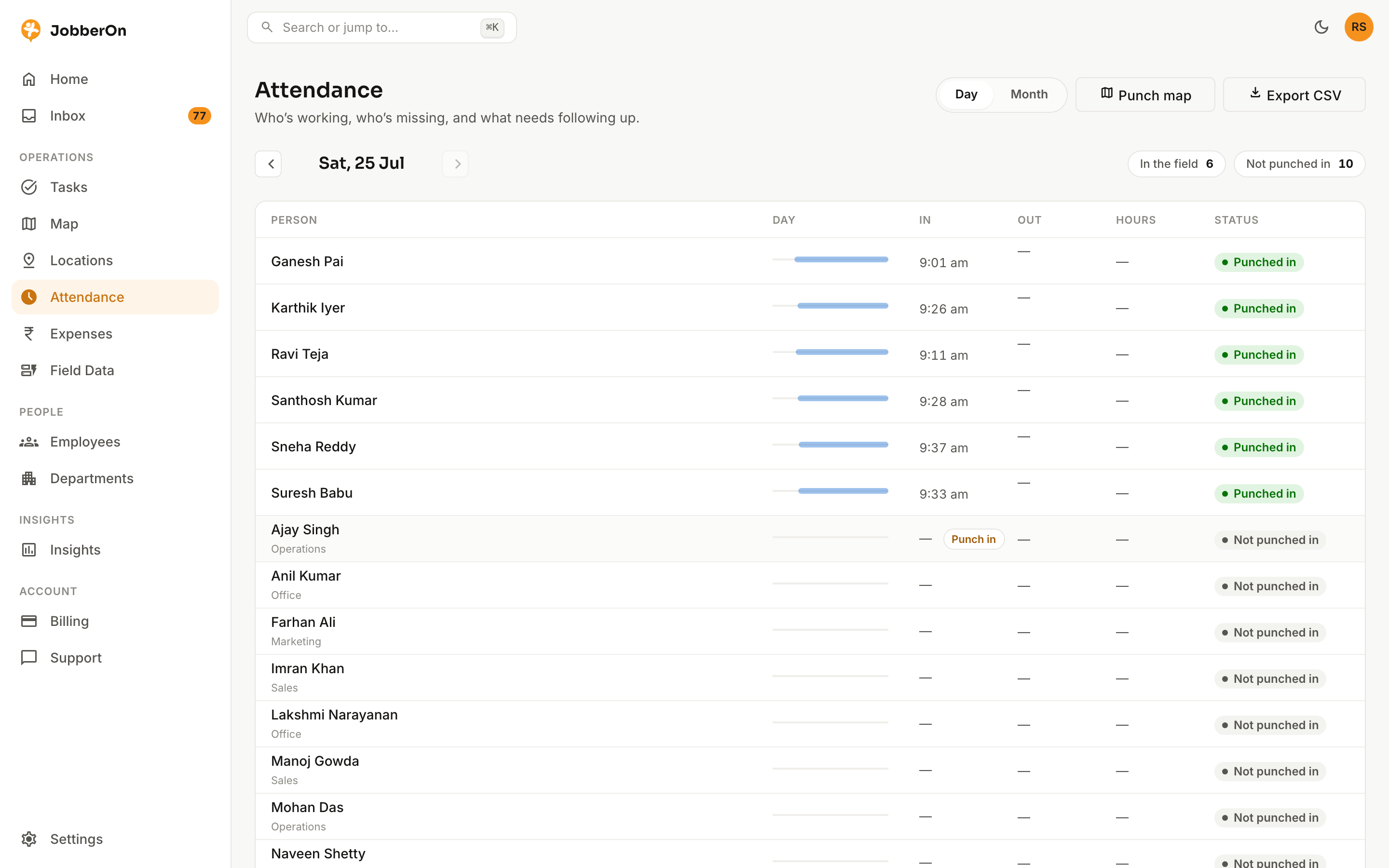 Attendance & corrections — JobberOn web console screenshot