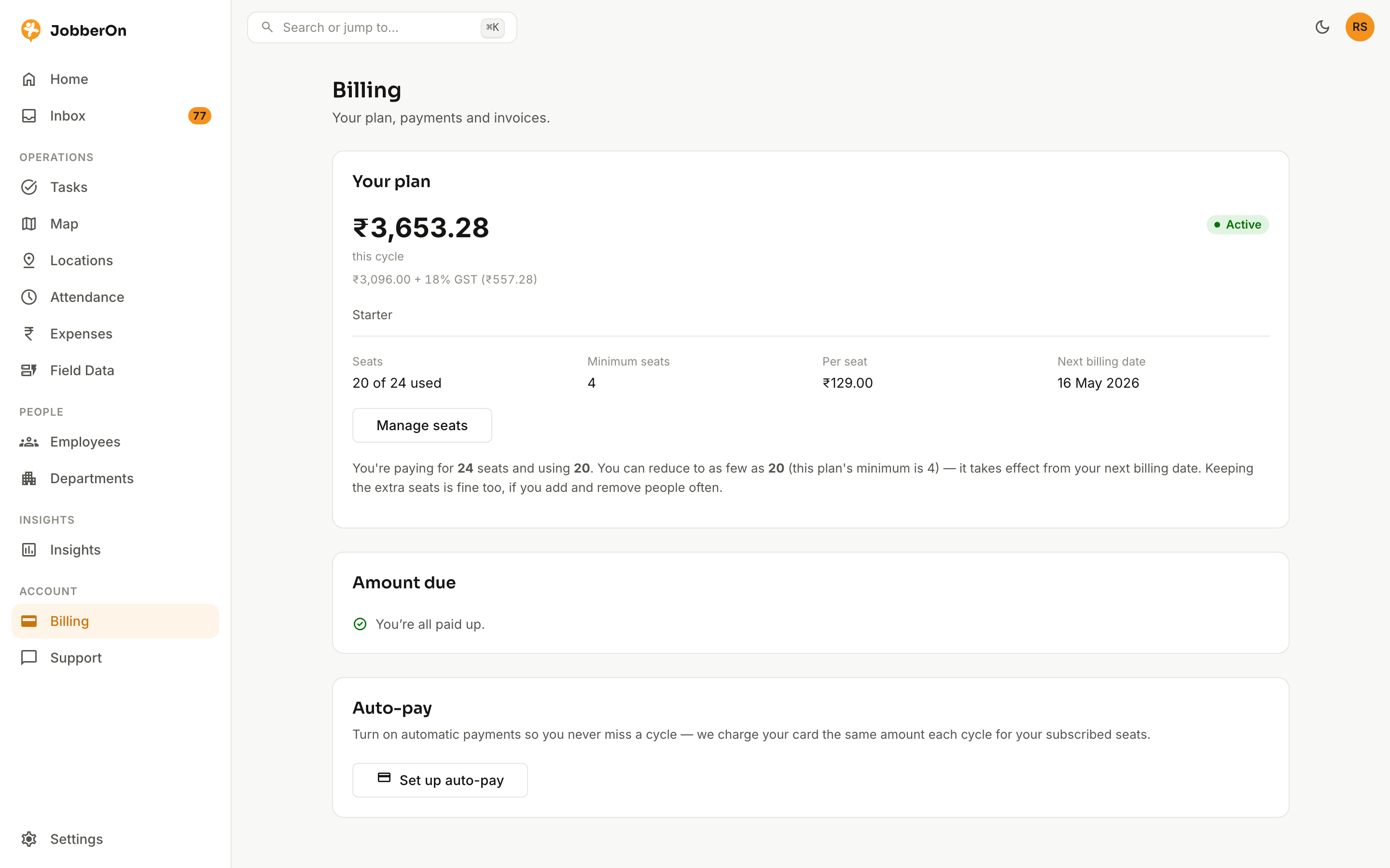Billing & subscription — JobberOn web console screenshot