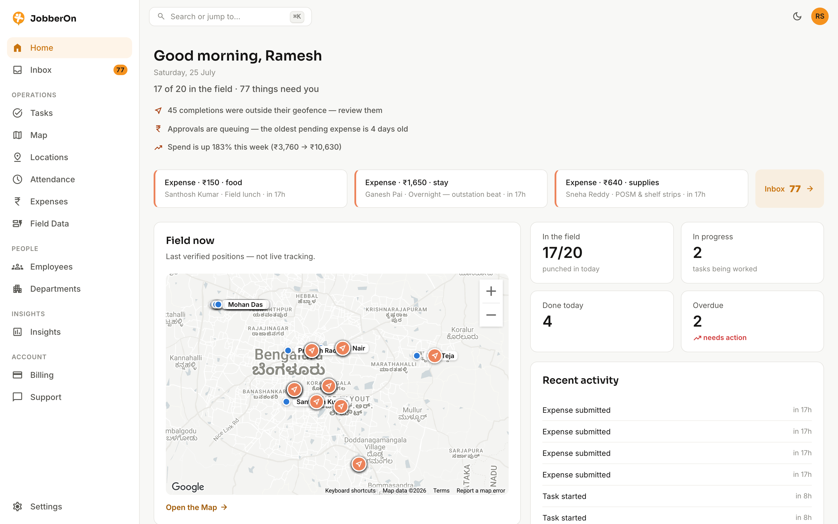 Home — your daily pulse — JobberOn web console screenshot