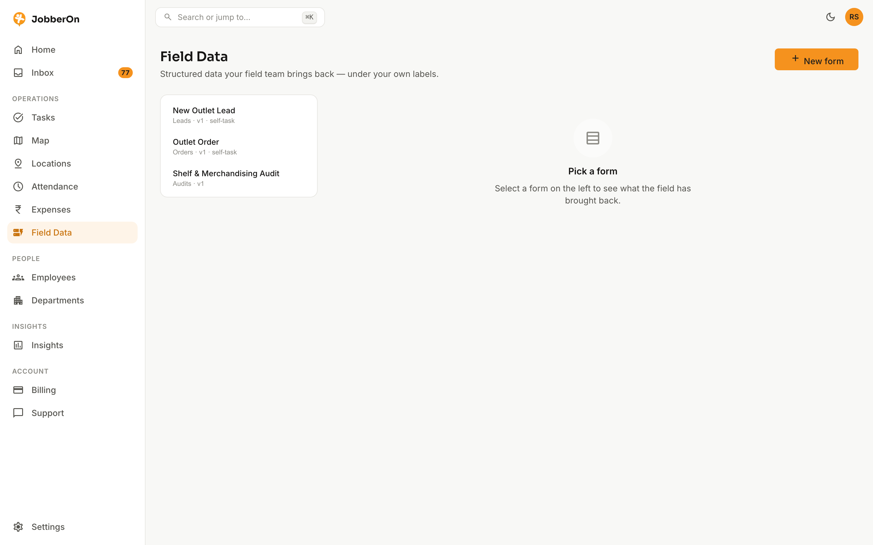 Custom forms & field data — JobberOn web console screenshot