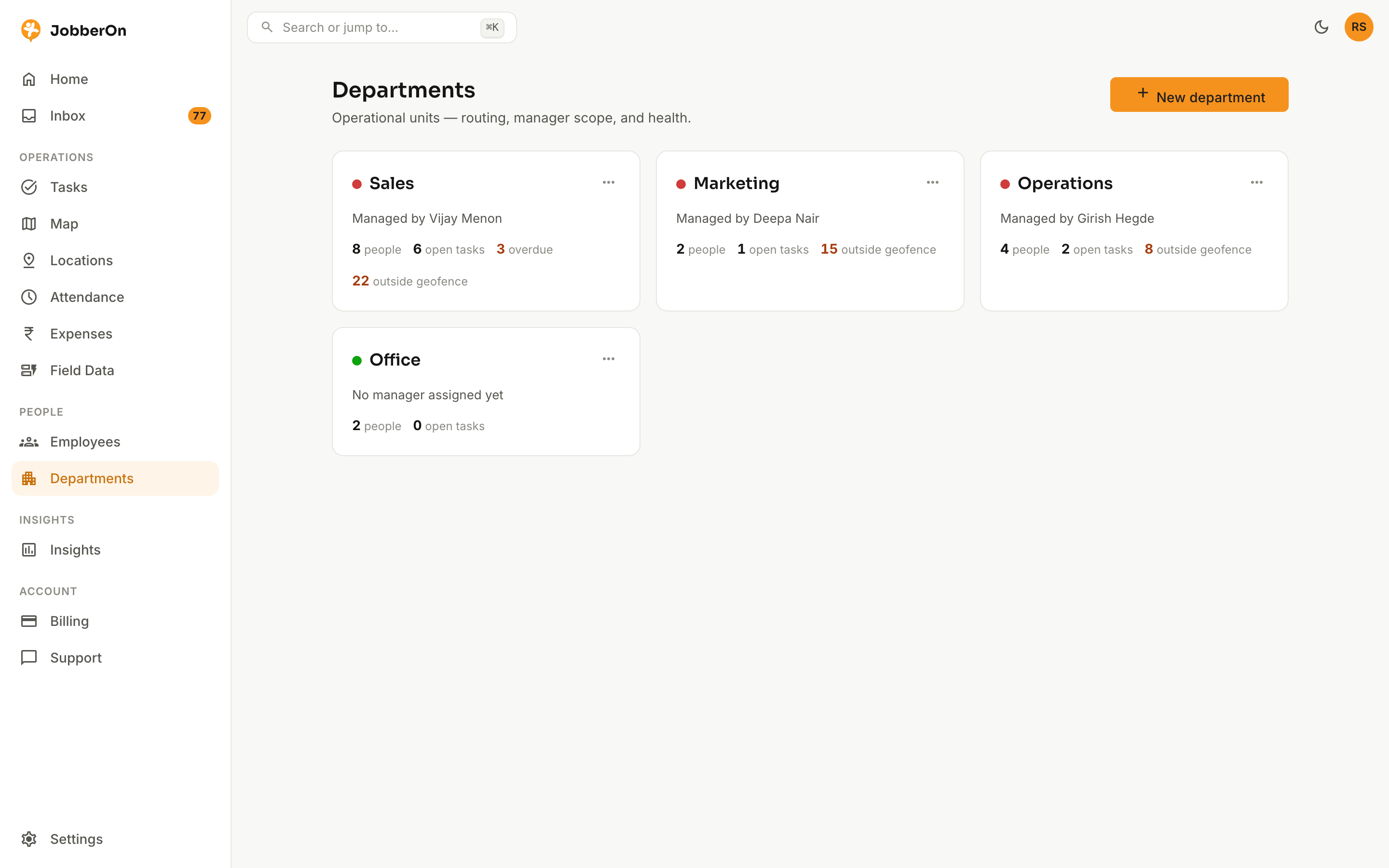 Departments — JobberOn web console screenshot