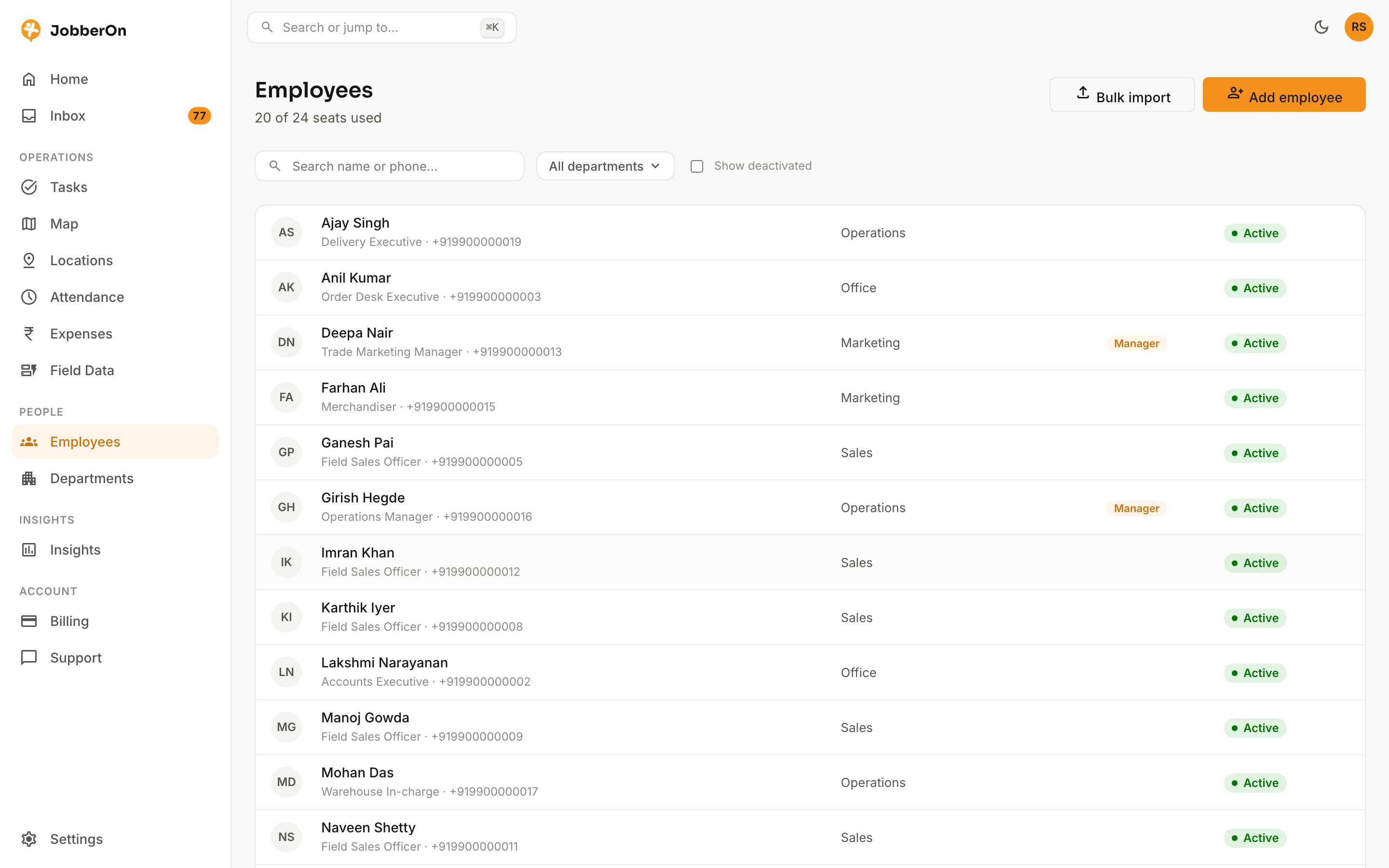 People & employees — JobberOn web console screenshot