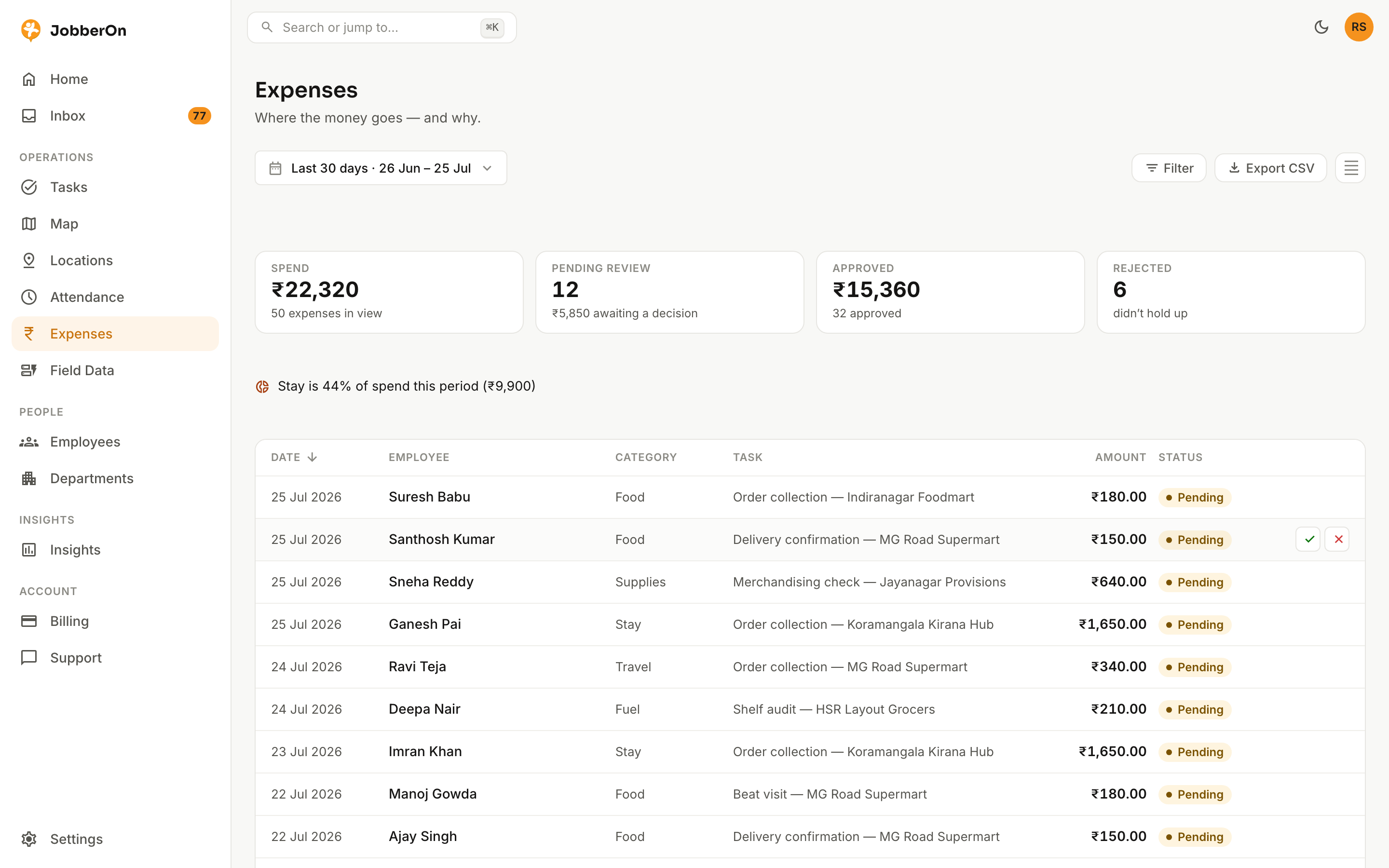 Expenses — review & approve — JobberOn web console screenshot