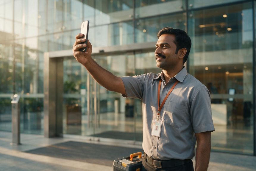 A facilities technician taking a selfie punch-in at a client site entrance