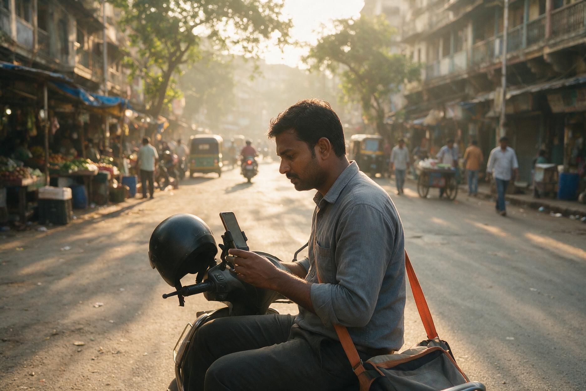A field sales rep on his scooter checking the day’s route on his phone