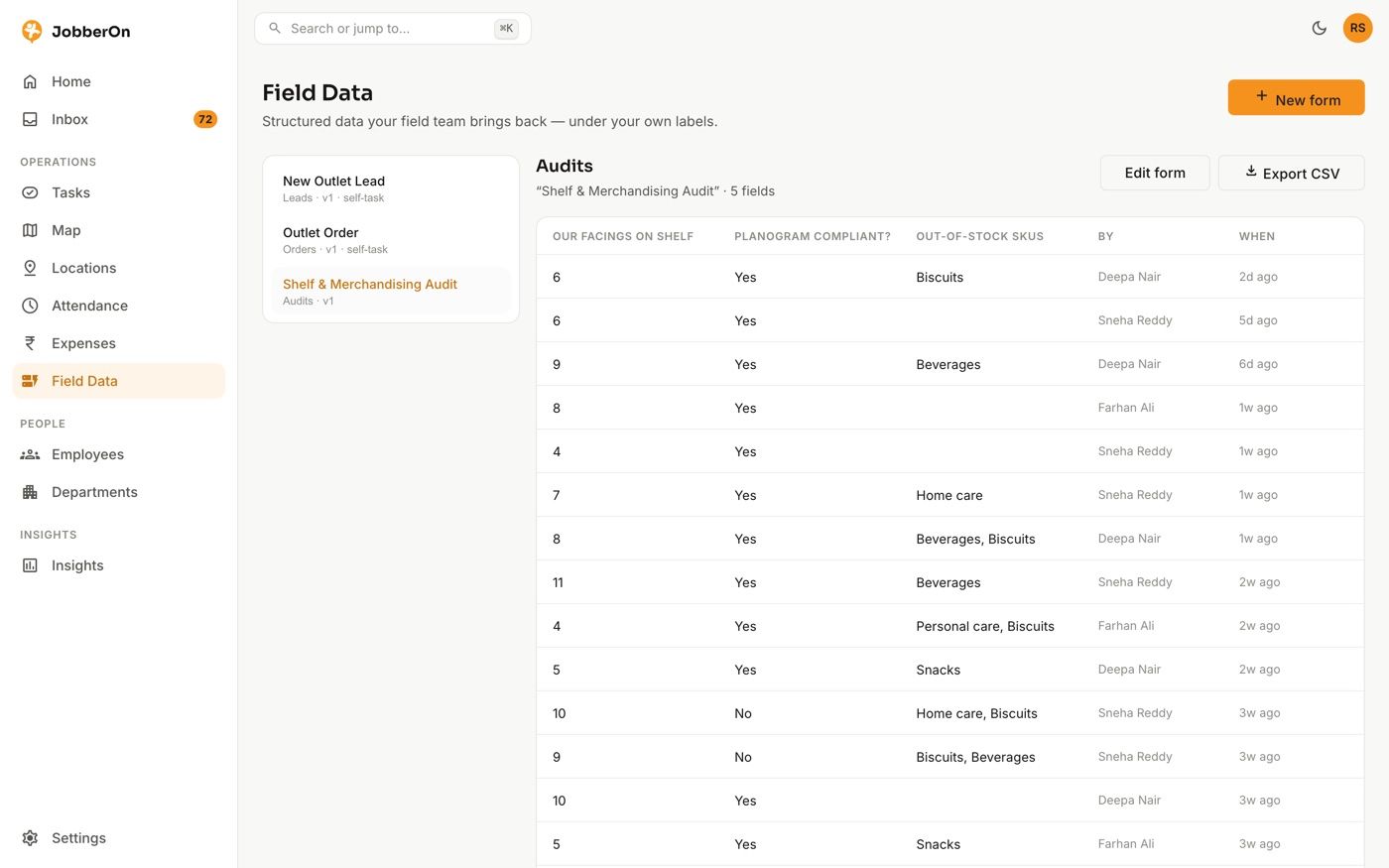 Custom forms for any visit — JobberOn web console screenshot