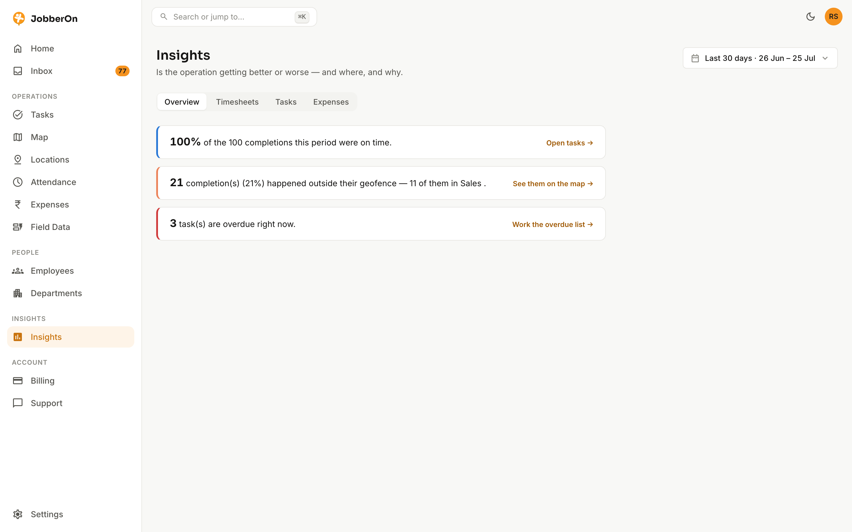 Insights & timesheets — JobberOn web console screenshot