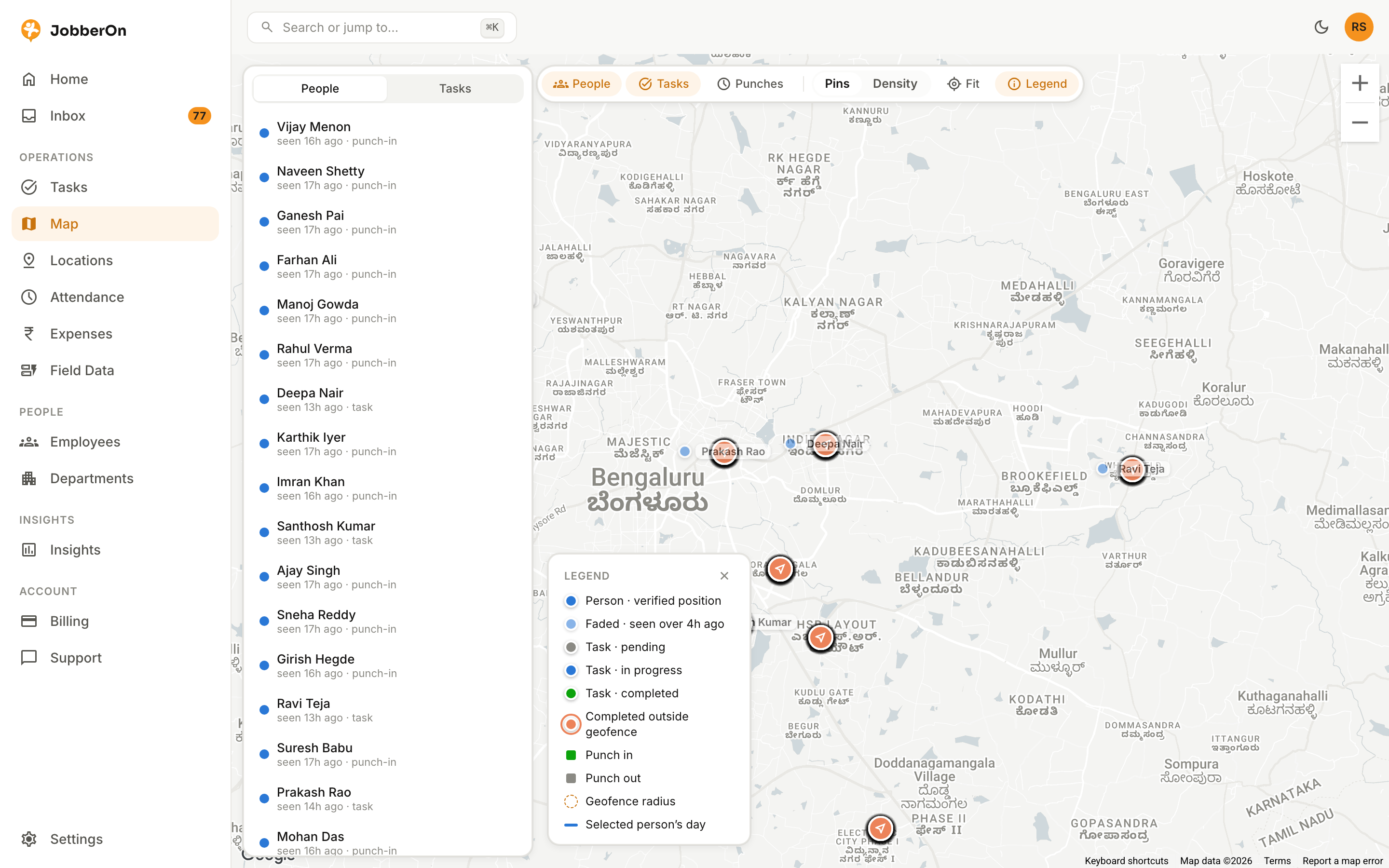 Live Map — JobberOn web console screenshot