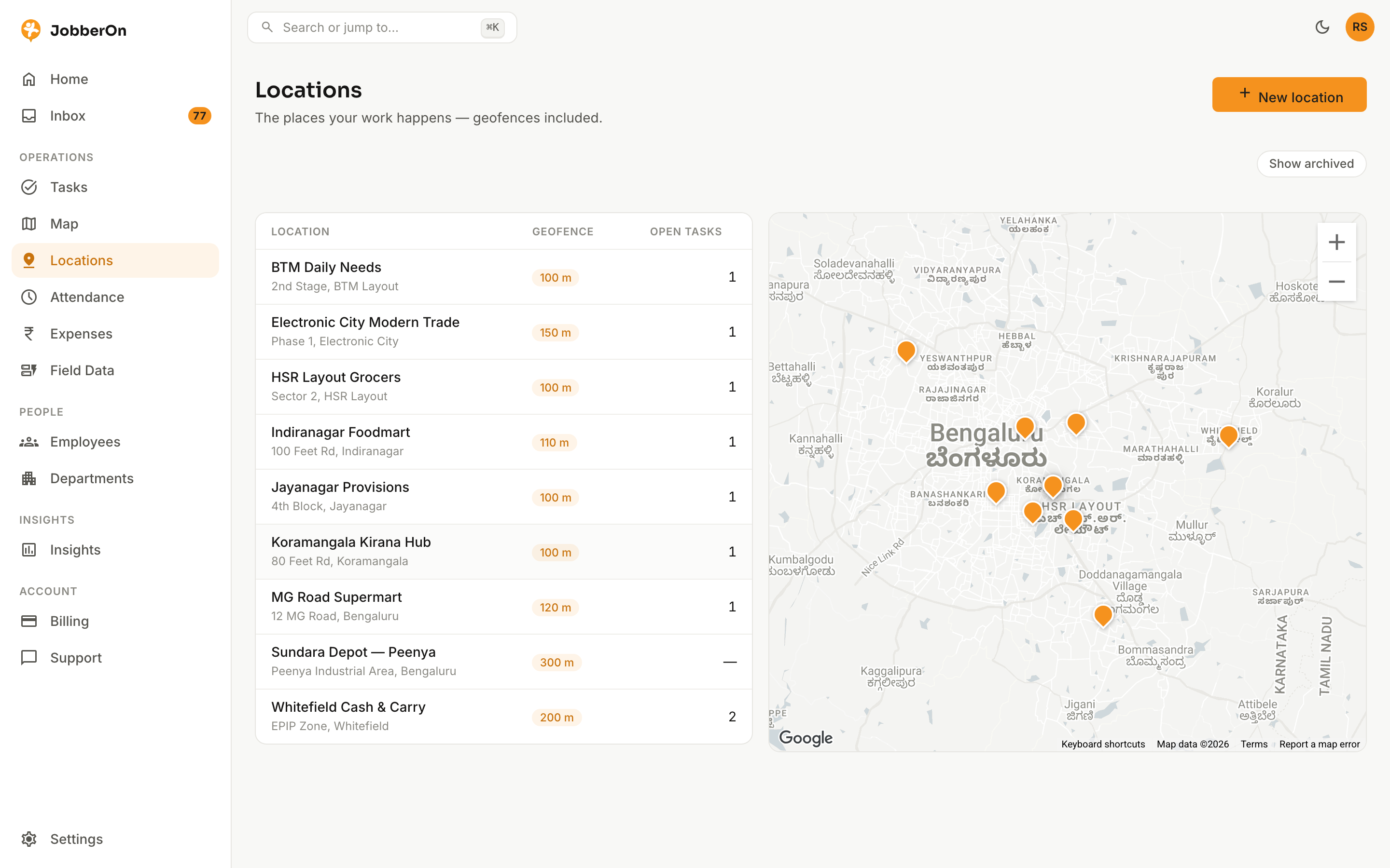 Locations & saved sites — JobberOn web console screenshot