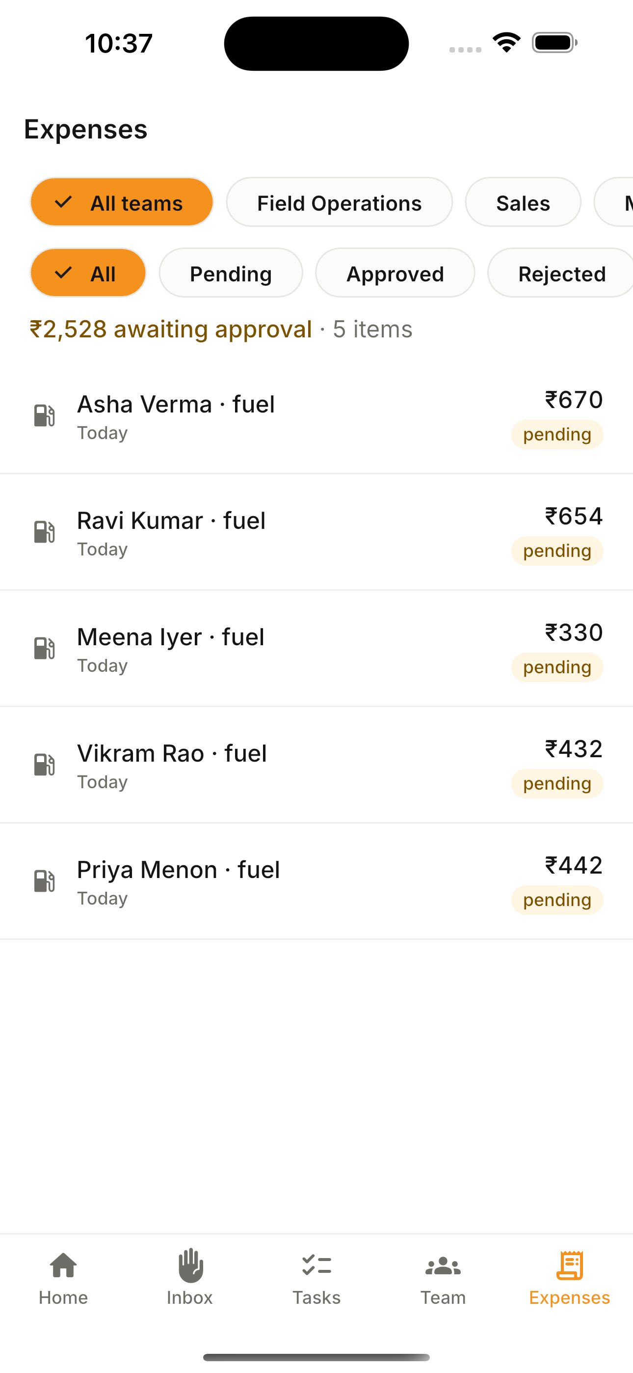 Approve expenses — JobberOn mobile app screenshot