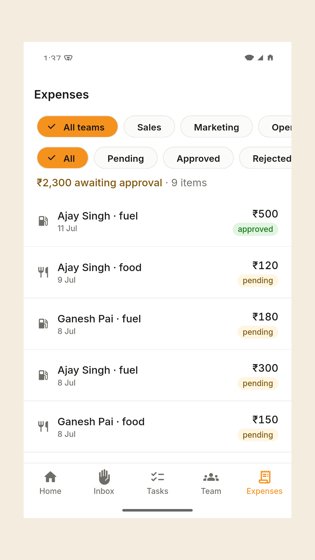 Approve expenses — JobberOn mobile app screenshot
