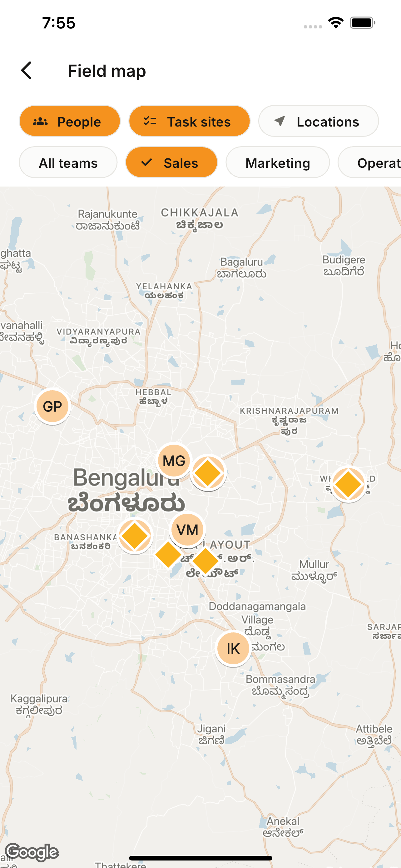 Live field map — JobberOn mobile app screenshot