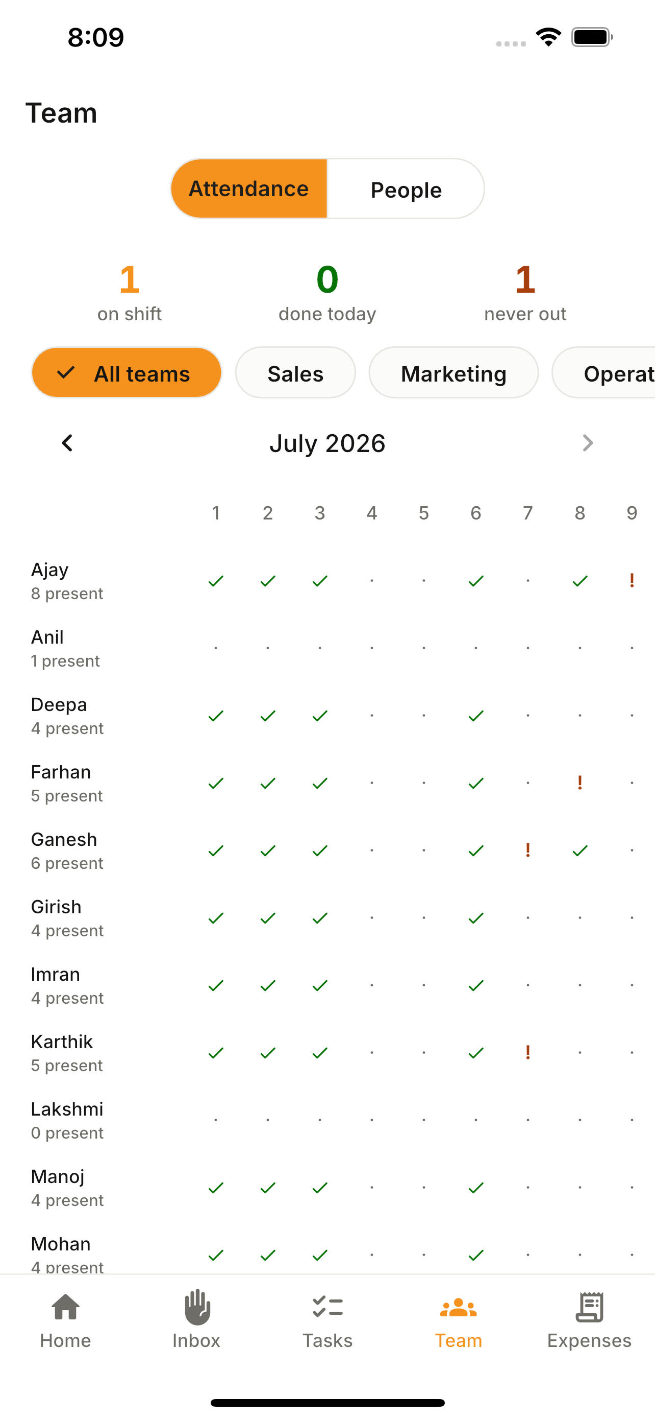 Team & attendance — JobberOn mobile app screenshot