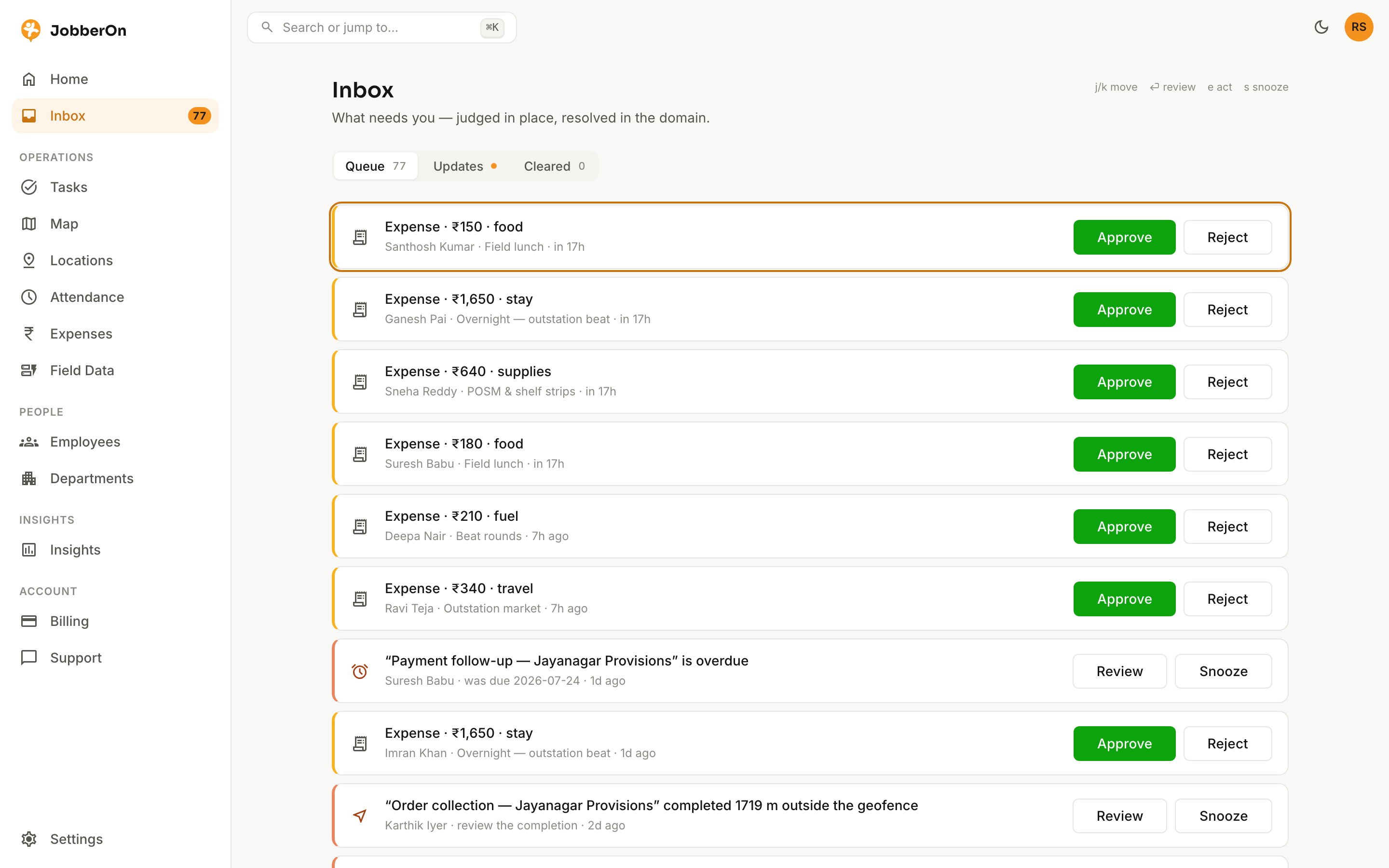 Operations Inbox — JobberOn web console screenshot