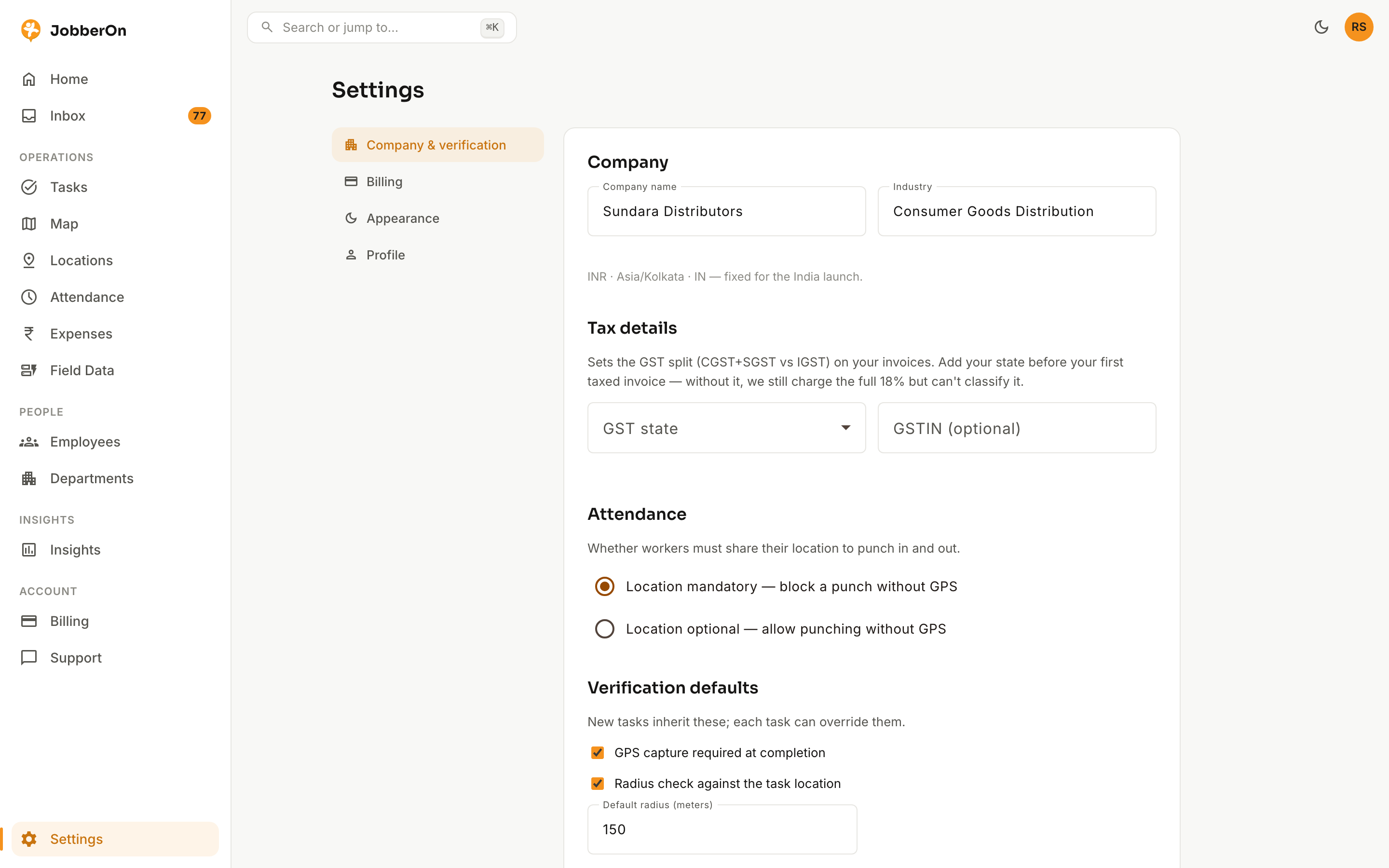 Settings & field rules — JobberOn web console screenshot