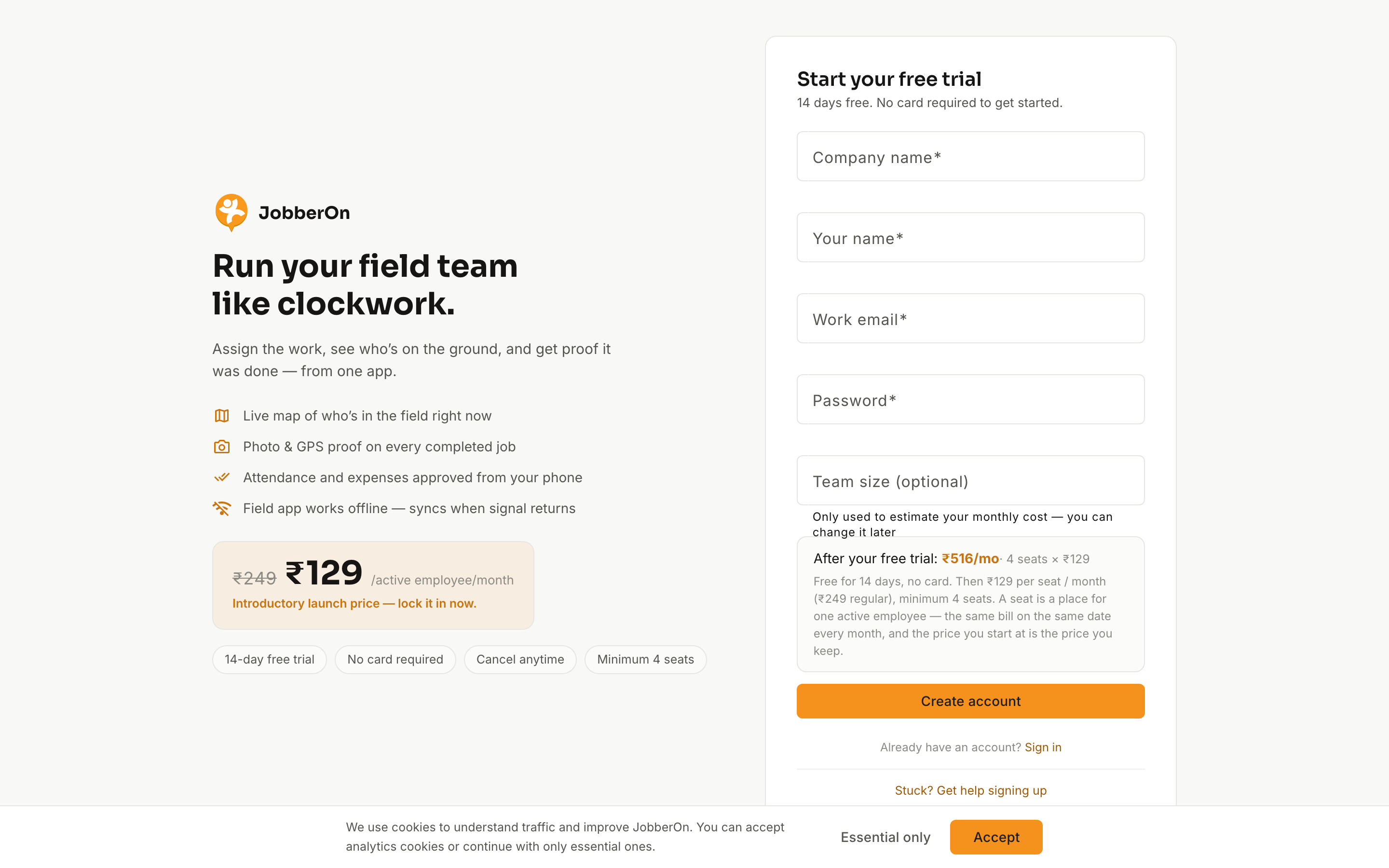 Sign up & start a free trial — JobberOn web console screenshot