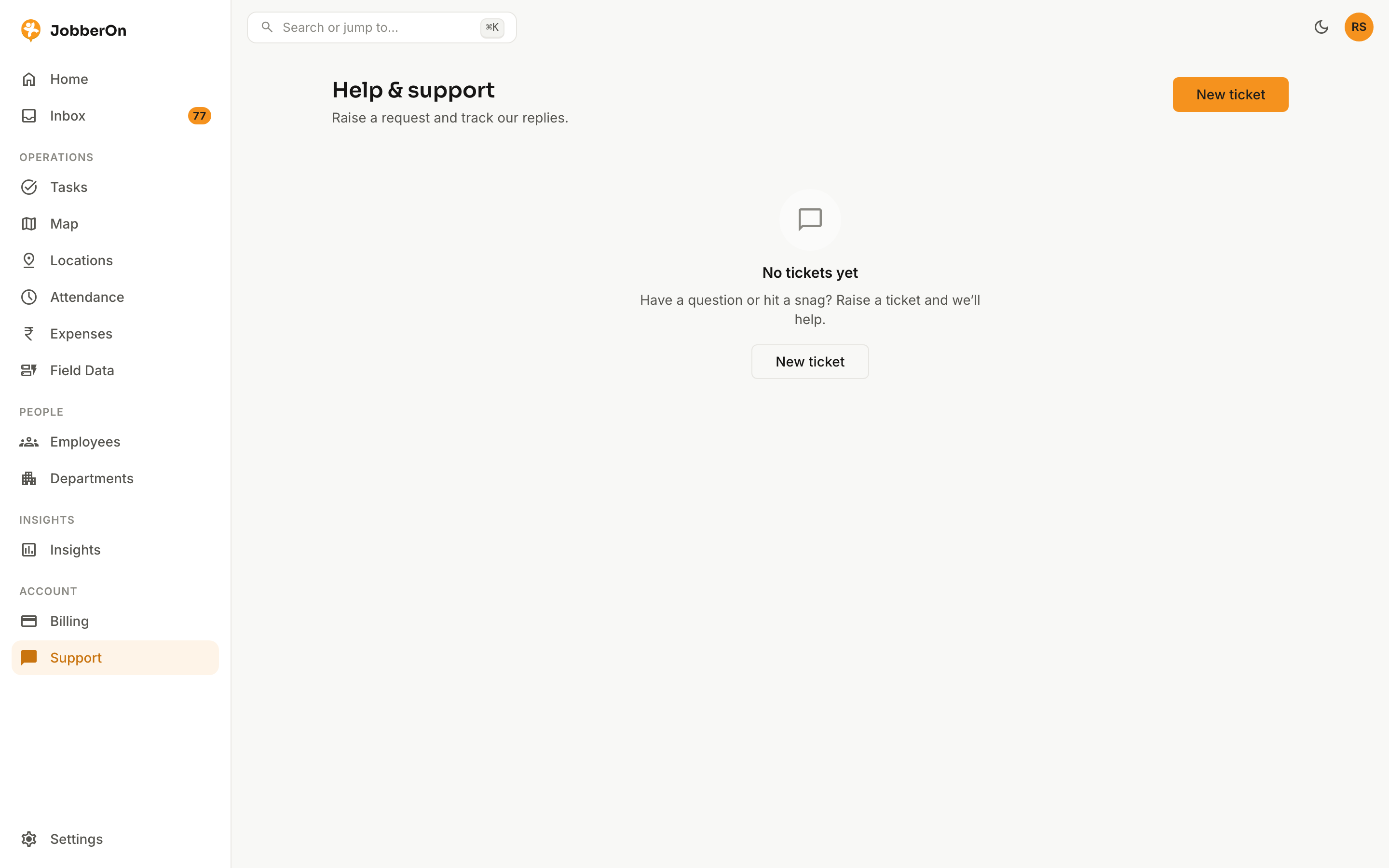 Support tickets — JobberOn web console screenshot