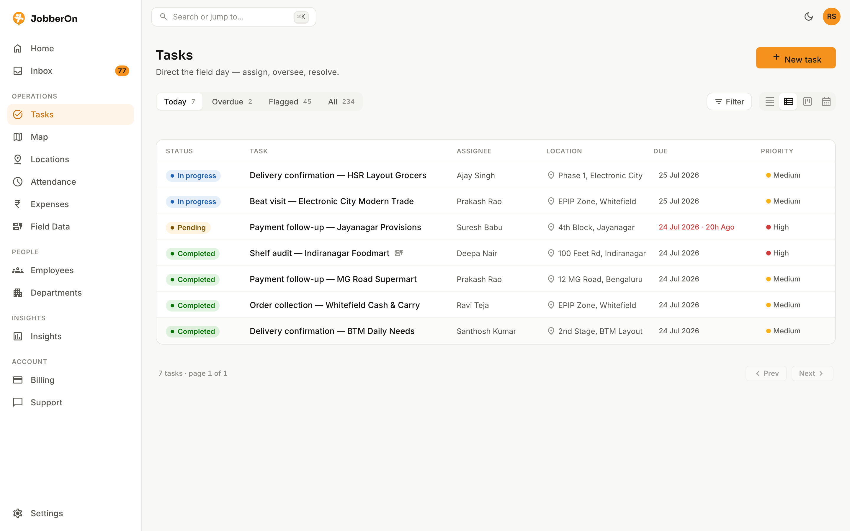 Tasks — assign & track field work — JobberOn web console screenshot